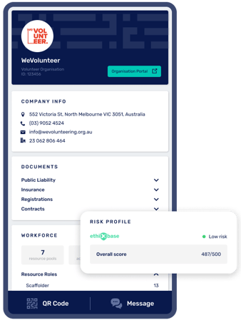 MyPass's mobile Organisation Dashboard view. It shows an organisation profile to help connect supply chains